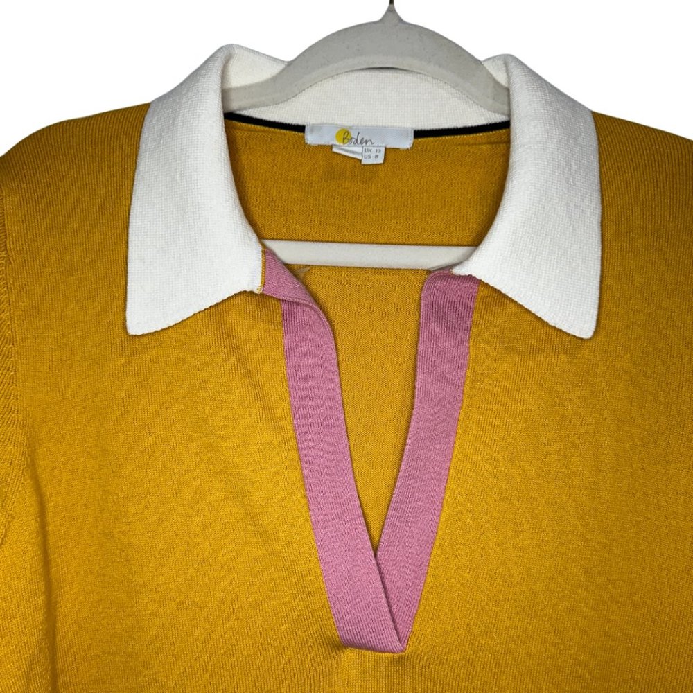 Boden Mustard V-Neck Sweater with Pink and Black Accents - Picture 6 of 6